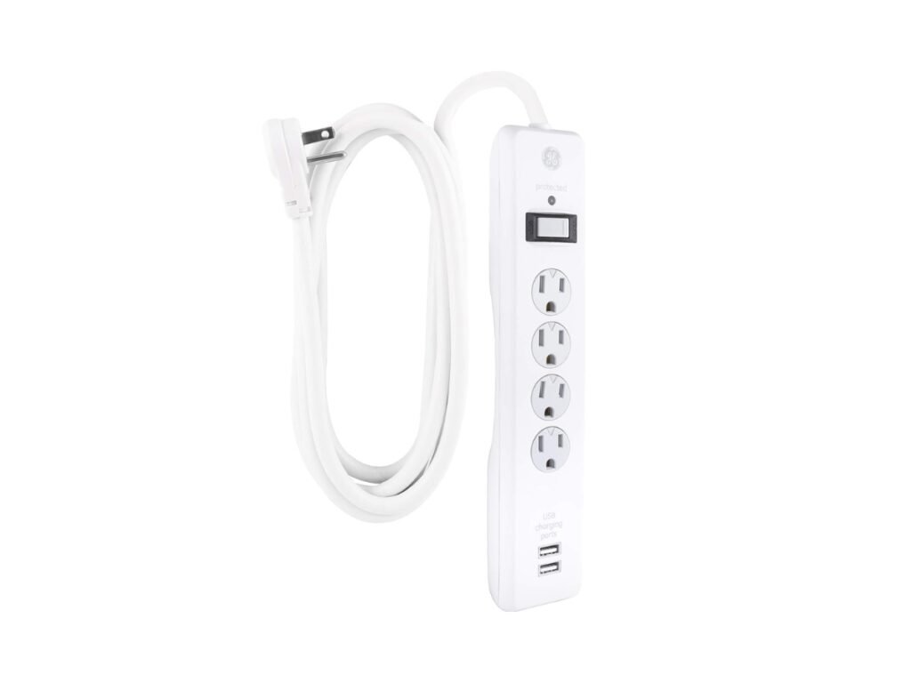 GE Surge Protector, 4 Outlets 2 USB Ports, Extra Long 8ft.